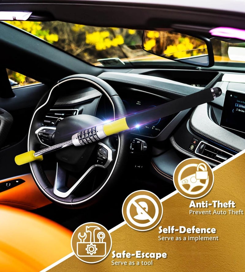 Tevlaphee Steering Wheel Lock, Car Lock Anti Theft Keyless Extendable Retractable Password 5 Coded Combination Lock, Heavy Duty Universal Fit (Yellow) - Image 2